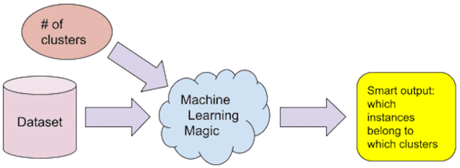 Data and number of clusters go into ML magic.  Output is which instances belong to which clusters.